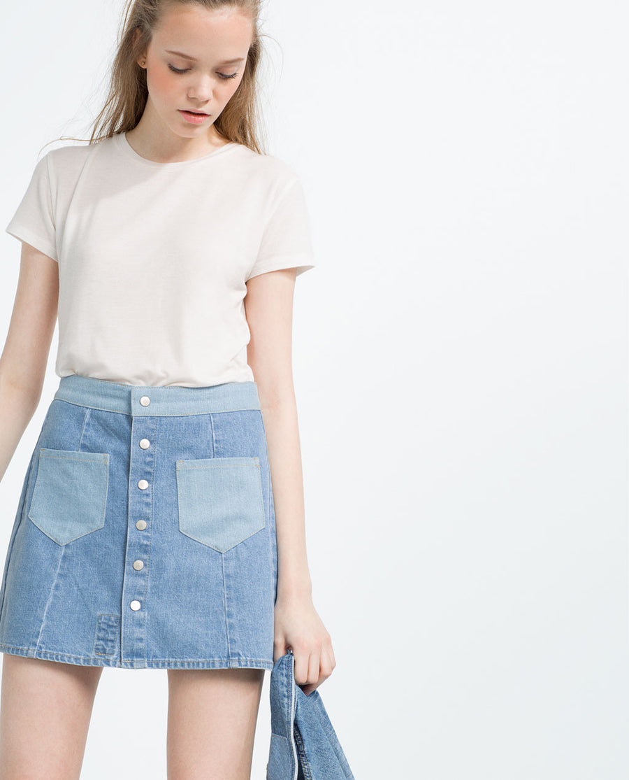 "I AM DENIM" COLLECTION PATCHWORK DENIM SKIRT